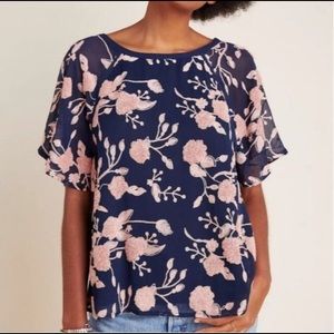 Anthropologie Navy and Pink Floral Blouse